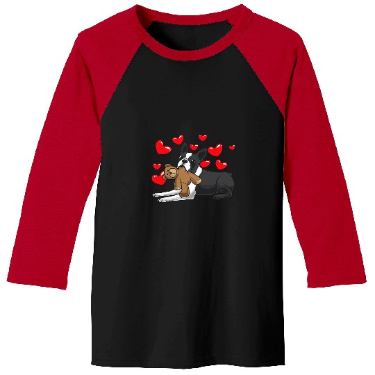 Boston Terrier Pet With Stuffed Animal And Hearts Baseball Tees