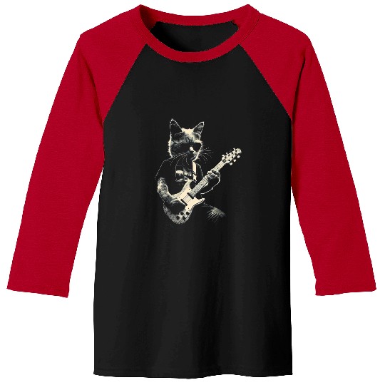 Funny Guitar Cat playing electric guitar cool Stencil art Punk Rock Baseball Tees