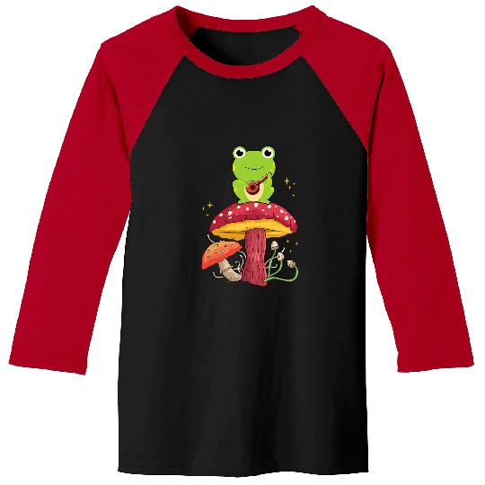 Funny Banjo Frog Cottagecore Aesthetic Frog Playing Banjo On Mushroom 6 Baseball Tees