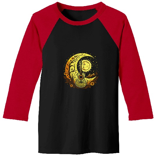 Funny Guitar Lover Cottagecore Acoustic Guitar With Moon Sun And Stars Baseball Tees