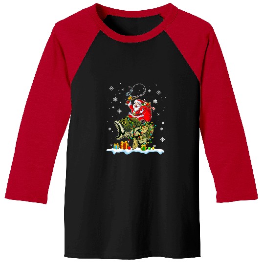 Fishing Christmas Bass Fishing Funny Santa Riding Fish Fishermen PJ Fisher Baseball Tees