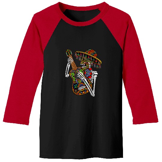 Funny Guitar Sombrero Guitar Huichol Sugar Skull Mariachi Art on Back Skull Baseball Tees
