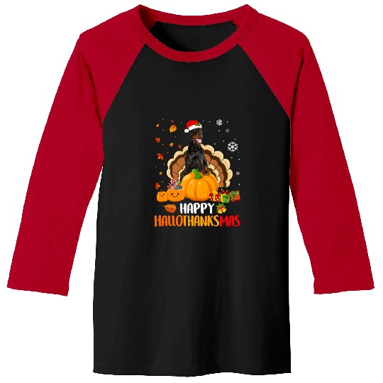 Doberman Pet Pinscher Dog Halloween xmass Happy Hallothanksmas Baseball Tees