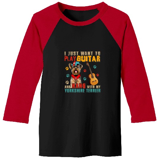 Funny Guitar Yorkshire Terrier Play Guitar And Hang With My Yorkshire Terrier Guitarist Yorkie Baseball Tees