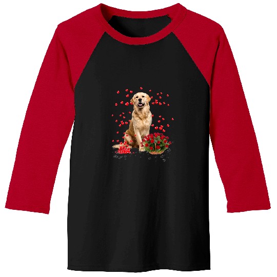 Golden Retriever Pet Hearts Balloons And Rose Basket Valentines Baseball Tees