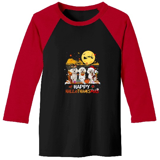 Bichon Pet Frise Happy Hallothanksmas Halloween Thanksgiving 3 Baseball Tees