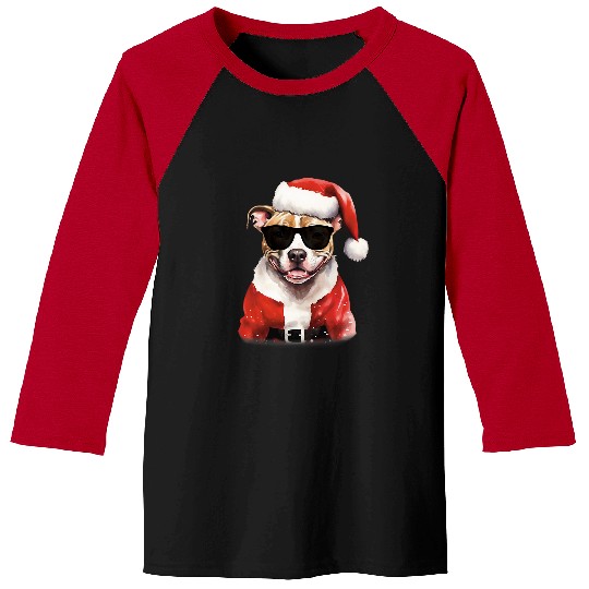 Pitbull Pet Terrier Watercolor Painting Santa Christmas Baseball Tees