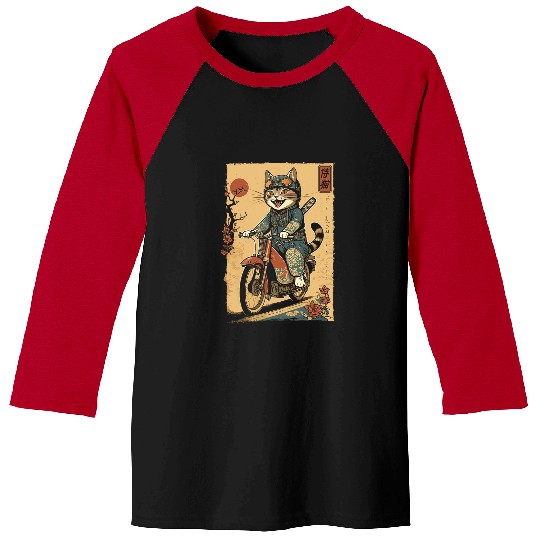 Japanese Samurai Cat on Motorcycle Kawaii Ninja Cat 24 Baseball Tees