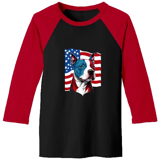 Pitbull Pet with US stars and stripes Flag Illustration 0 Baseball Tees