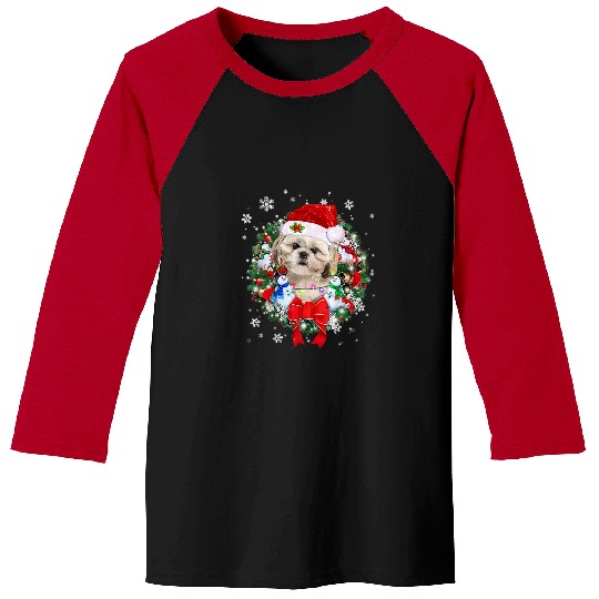 Shih Tzu Pet Christmas Wreath Decoration xmass Pajamas Baseball Tees