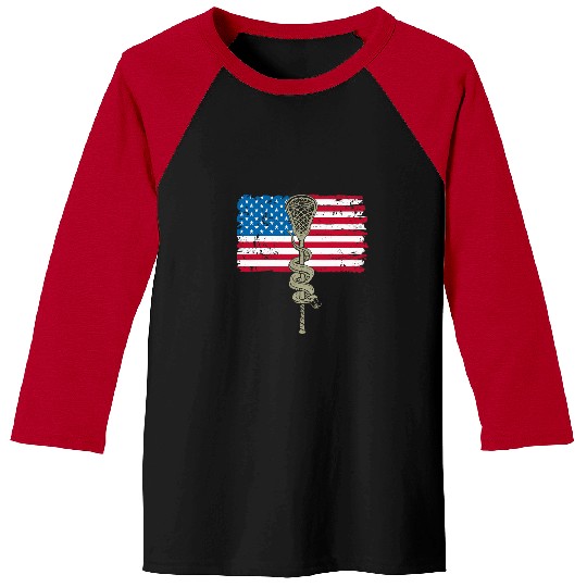 Sport Lacrosse Gift Stick Angry Snake USA American Flag Vintage 2 Baseball Tees