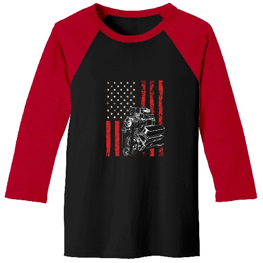 Discover vintages Muscle Car Piston USA Flag for Patriotic Mechanic Baseball Tees