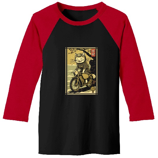 Japanese Samurai Cat on Motorcycle Kawaii Ninja Cat 21 Baseball Tees