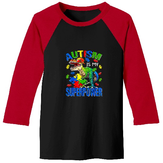 Autism Puzzle Dino Boys Kids Autism Is My Superpower Baseball Tees