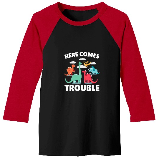 Dinosaur Pet Here comes Trouble with a Baseball Tees