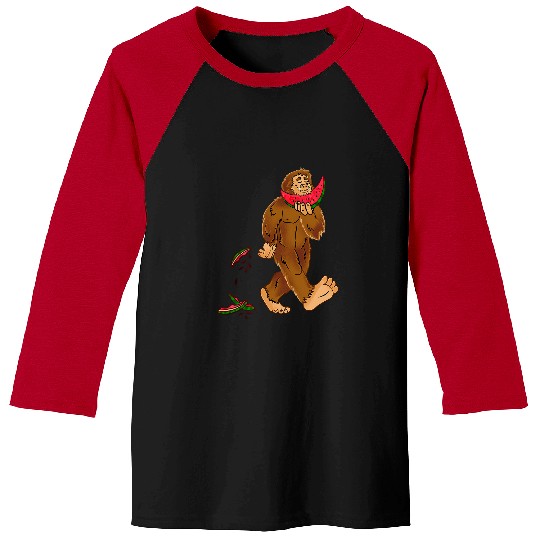 Bigfoot Pet Eating Watermelon Lover Illustration Baseball Tees