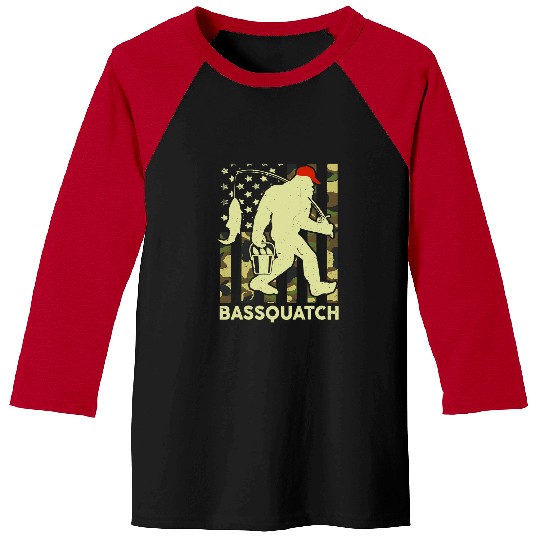Bigfoot Pet Funny Bigfoot Fishing Bassquatch Camo American Flag Dad Fish Baseball Tees