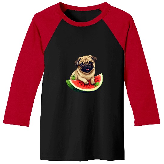 Pug Pet with Red Watermelon Summer Fruit Canine Design Baseball Tees