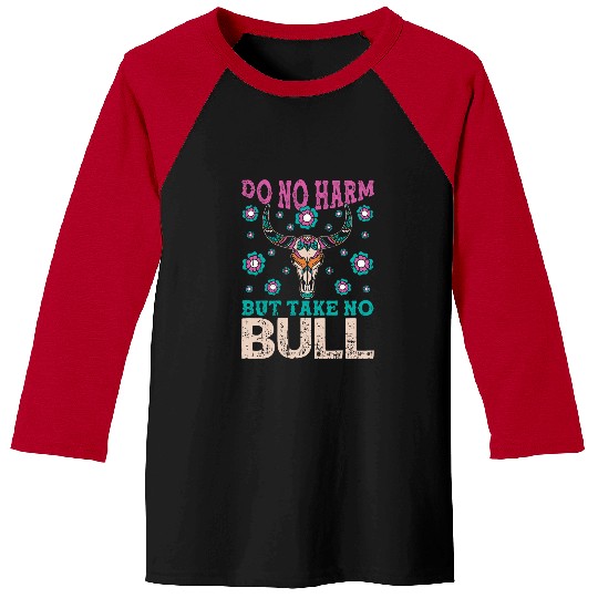 Cow Pet Do Not Harm But Take No Bull Boho Cow Skull Farm Animal Baseball Tees