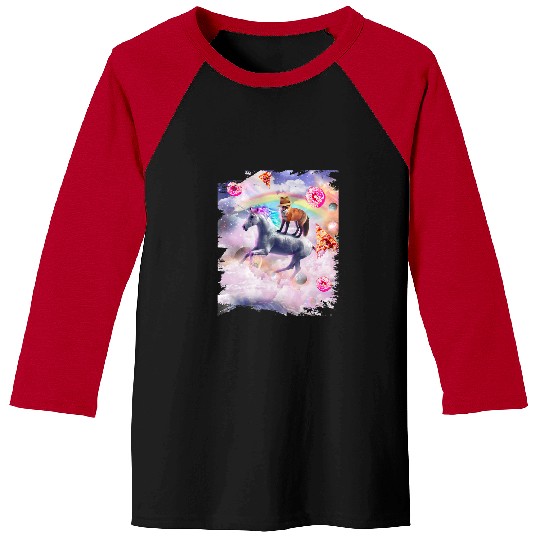 Unicorn Pet Fox Riding Unicorn Rainbow Pizza Donut In Clouds Baseball Tees