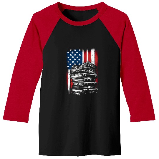 Book Fun American Flag Patriotic Bookworm Reading Literature Baseball Tees