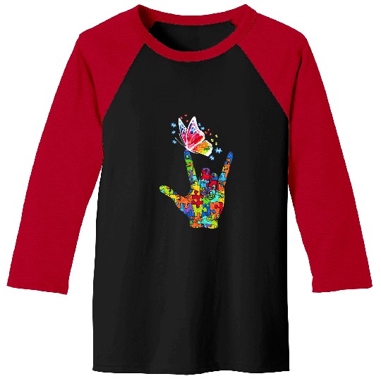Autism Puzzle i love you hand sign language butterfly 9 Baseball Tees