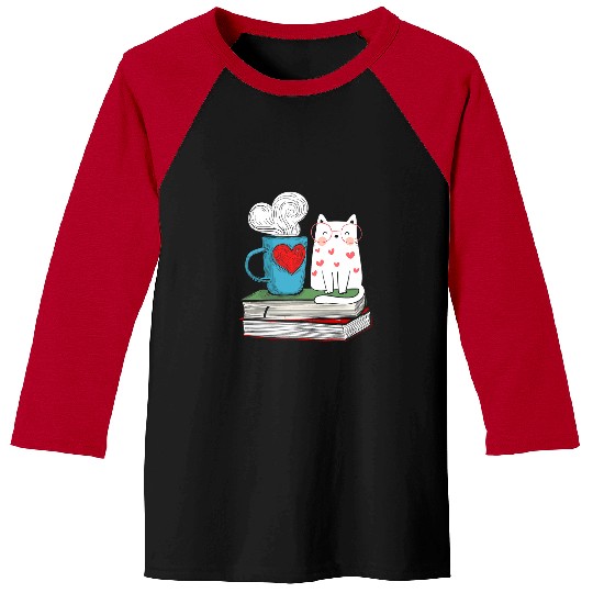 Book Fun Cute Cat and Coffee Book Lover Literature Reading Baseball Tees
