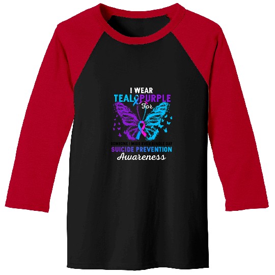 suicides Prevention 988 Ribbon I Wear Teal Purple Butterfly Baseball Tees