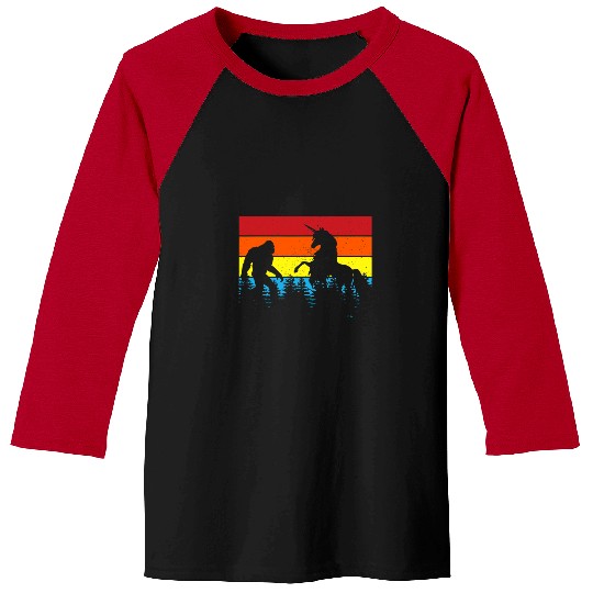 Unicorn Pet Funny Bigfoot Walking a Unicorn Retro Rainbow Sasquatch Baseball Tees