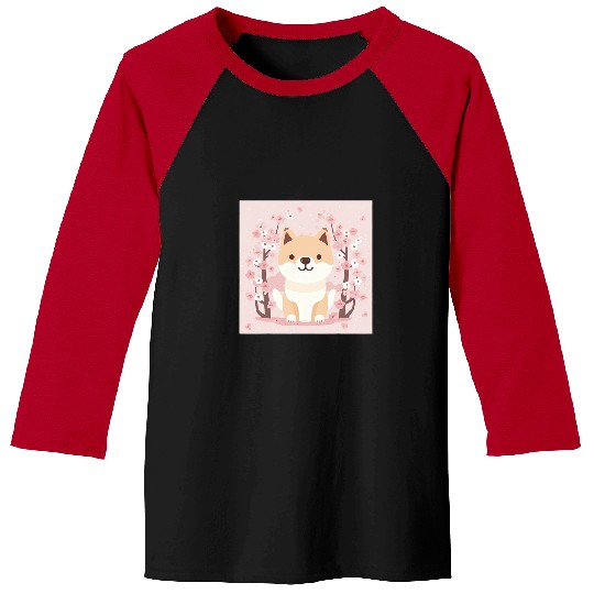 Cherry Blossom Design with Playful Shiba Inu Baseball Tees