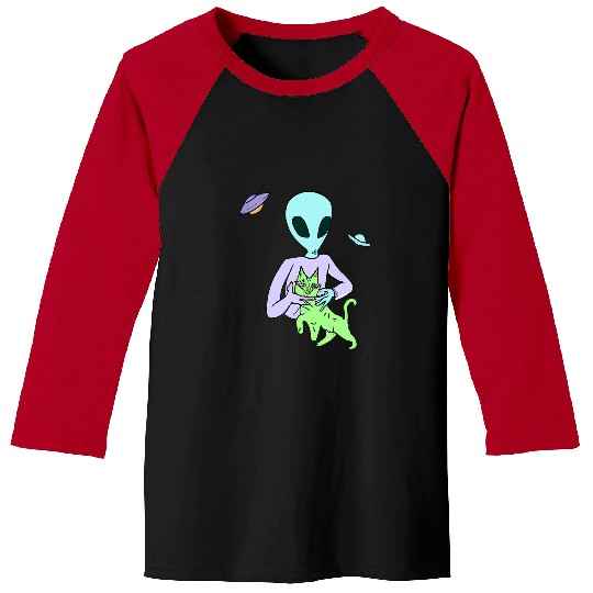 Aliens UFO Petting A Cat For Cat Mom Dad Pet Lovers Costume Baseball Tees