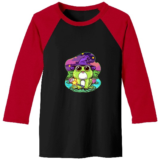 Frog Pet Wizard Sitting On A Water Lily Pad Holding Magic Wand Baseball Tees