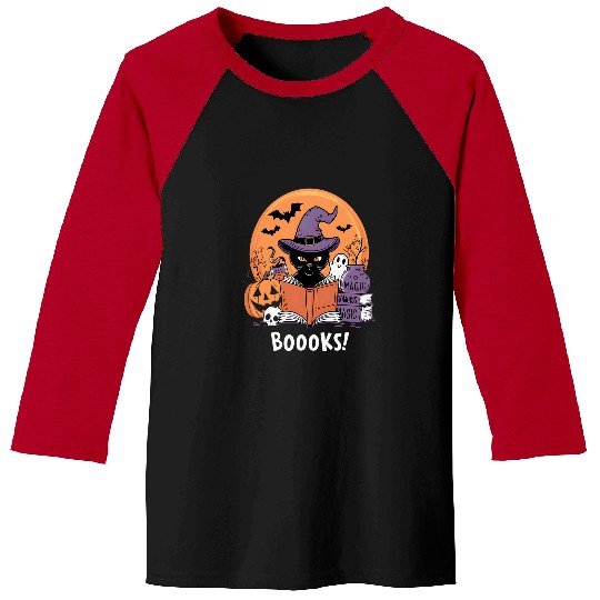Book Fun Halloween Booooks ghosts and Black Cat Cute Baseball Tees