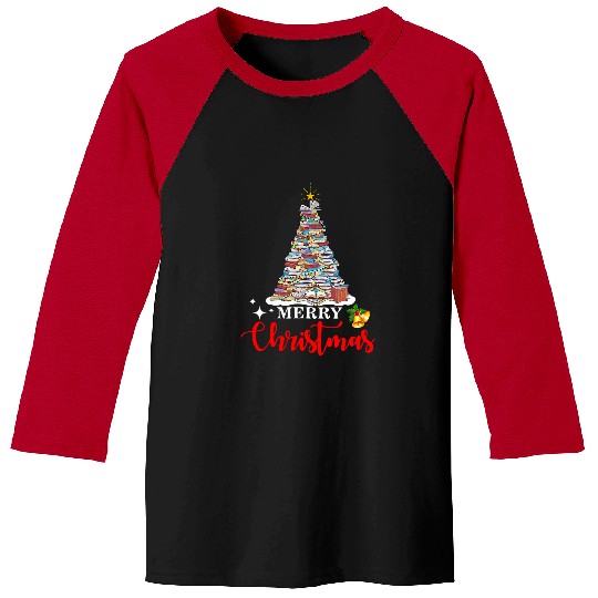Book Fun merry christmas tree love reading books librarian nerd Baseball Tees