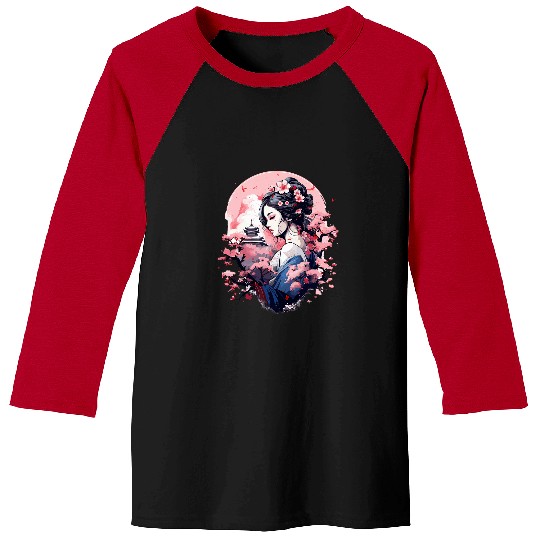 Japanese Art Ukiyoe Anime Geisha Cherry Blossom Mount Fuji Baseball Tees