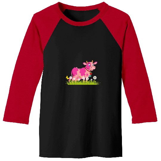Cow Pet Pink Cow with Strawberry in Fields Flowers for Cow Lovers Baseball Tees