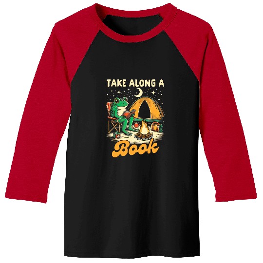 Frog Pet Camping Lover Happy Camper Frog Reading Takes Along A Book Baseball Tees