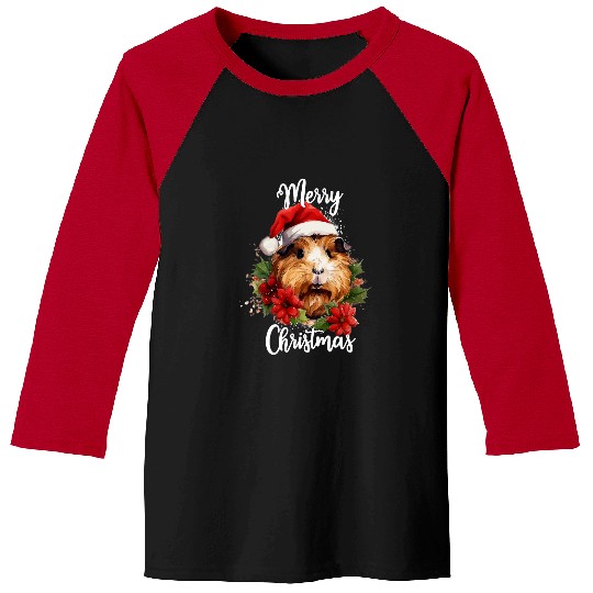 Guinea Pig Pet Santa Hat Merry Christmas Flowers Poinsettia Baseball Tees