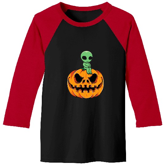 Aliens UFO Halloween Sad Alien sitting On A Pumpkin Jack O Lantern Baseball Tees