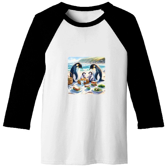 Penguin Pet Family Picnic On Sunny Beach With Food Parents Baseball Tees