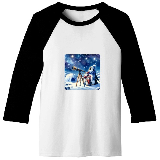 Penguin Pet Family Stargazing On Clear Winter Night Scarves Sky Baseball Tees