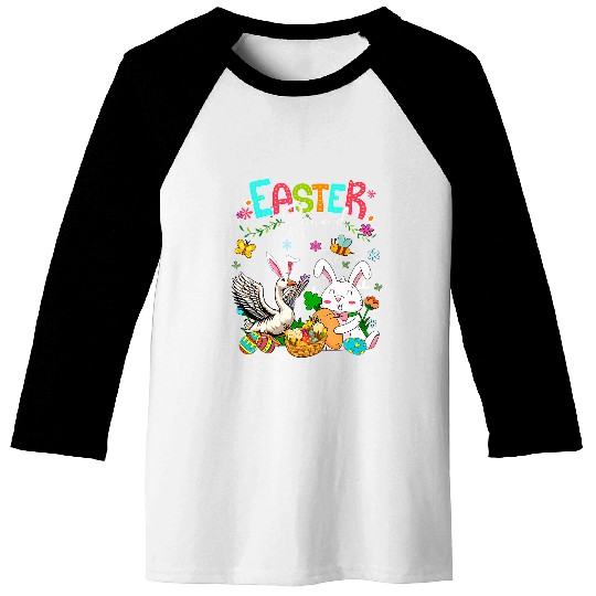 Happy Easter Bunny Goose Hunting Eggs Basket Farmer Kids 1 Baseball Tees