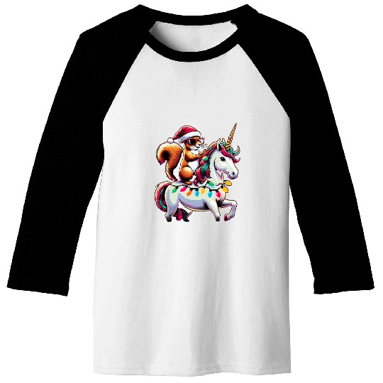 Christmas Lights Squirrel Riding Unicorn Baseball Tees