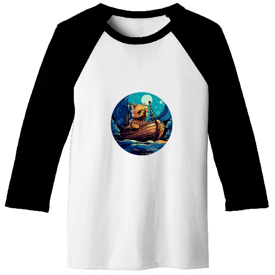 Cute Yorkie Sailor Crossing Lonely Sea Sailboat Night Sky Baseball Tees
