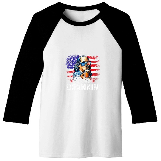 Beer Fun Humor Ben Drankin 4th Of July USA Flag Men Drinking Beer Baseball Tees