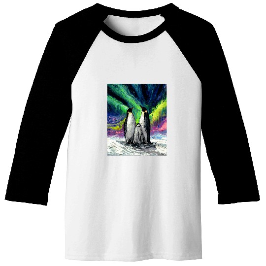 Penguin Pet Family Northern Lights Winter Animal Art by Aja Baseball Tees