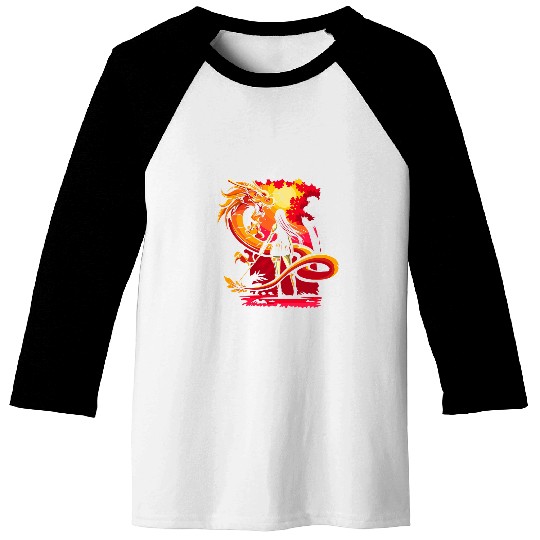 Dragon Pet Samurai Girl Warrior with Katana Japan Anime Lover Baseball Tees