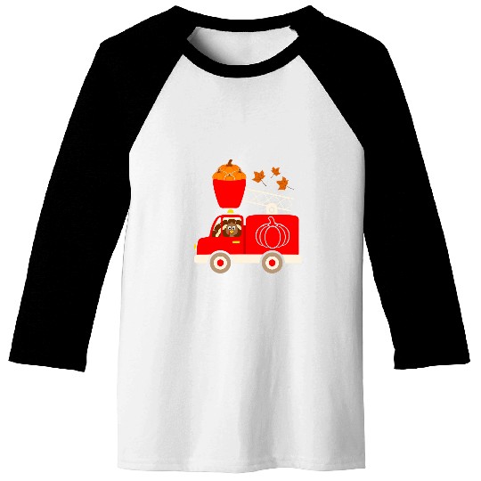 Firefighter Job Cute Turkey Pumpkin Fires Truck Thanksgiving Son Kids Baseball Tees