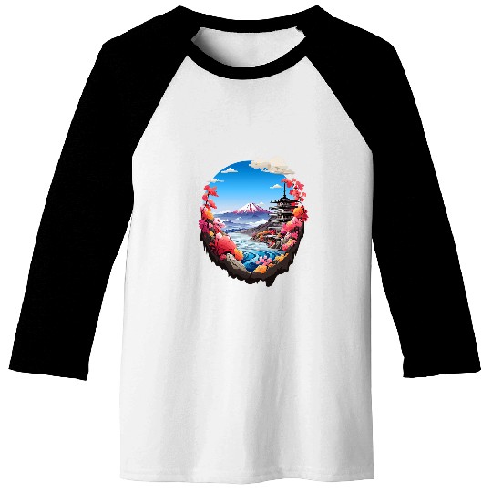 Japan Mount Fuji and Sakura Cherry Blossom sky Baseball Tees