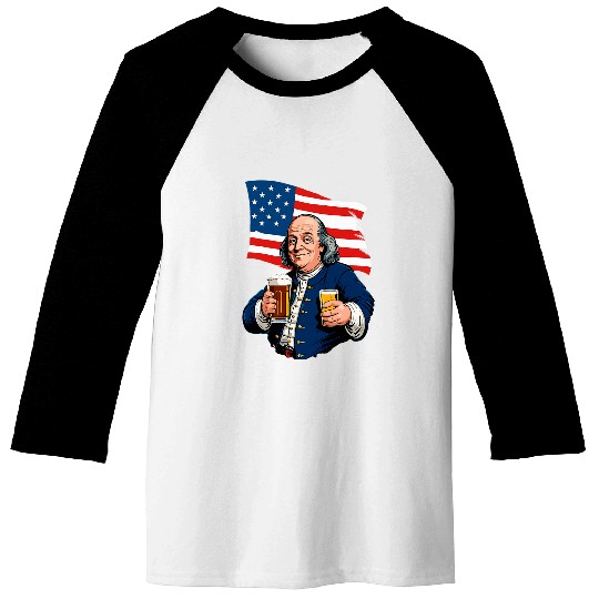 Beer Fun Boozing Benjamin Franklin With Beer Mug Funny Baseball Tees
